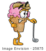 #25875 Clip Art Graphic Of A Strawberry Ice Cream Cone Cartoon Character Leaning On A Golf Club While Golfing