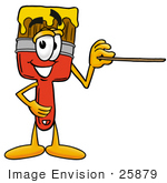 #25879 Clip Art Graphic Of A Red Paintbrush With Yellow Paint Cartoon Character Holding A Pointer Stick