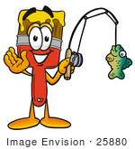 #25880 Clip Art Graphic Of A Red Paintbrush With Yellow Paint Cartoon Character Holding A Fish On A Fishing Pole