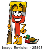 #25893 Clip Art Graphic Of A Red Paintbrush With Yellow Paint Cartoon Character Duck Hunting Standing With A Rifle And Duck