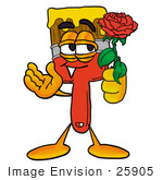 #25905 Clip Art Graphic Of A Red Paintbrush With Yellow Paint Cartoon Character Holding A Red Rose On Valentines Day