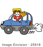 #25918 Clip Art Graphic Of A Red Paintbrush With Yellow Paint Cartoon Character Driving A Blue Car And Waving