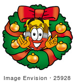#25928 Clip Art Graphic Of A Red Paintbrush With Yellow Paint Cartoon Character In The Center Of A Christmas Wreath