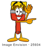 #25934 Clip Art Graphic Of A Red Paintbrush With Yellow Paint Cartoon Character Waving And Pointing