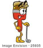 #25935 Clip Art Graphic Of A Red Paintbrush With Yellow Paint Cartoon Character Leaning On A Golf Club While Golfing