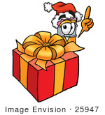#25947 Clip Art Graphic Of A Yellow Number 2 Pencil With An Eraser Cartoon Character Standing By A Christmas Present