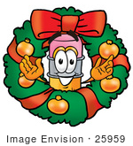 #25959 Clip Art Graphic Of A Yellow Number 2 Pencil With An Eraser Cartoon Character In The Center Of A Christmas Wreath