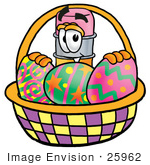#25962 Clip Art Graphic Of A Yellow Number 2 Pencil With An Eraser Cartoon Character In An Easter Basket Full Of Decorated Easter Eggs