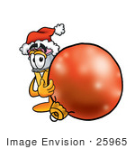 #25965 Clip Art Graphic Of A Yellow Number 2 Pencil With An Eraser Cartoon Character Wearing A Santa Hat Standing With A Christmas Bauble