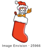 #25966 Clip Art Graphic Of A Yellow Number 2 Pencil With An Eraser Cartoon Character Wearing A Santa Hat Inside A Red Christmas Stocking