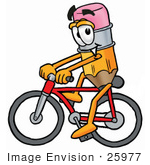 #25977 Clip Art Graphic Of A Yellow Number 2 Pencil With An Eraser Cartoon Character Riding A Bicycle