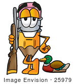#25979 Clip Art Graphic Of A Yellow Number 2 Pencil With An Eraser Cartoon Character Duck Hunting Standing With A Rifle And Duck
