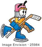 #25984 Clip Art Graphic Of A Yellow Number 2 Pencil With An Eraser Cartoon Character Playing Ice Hockey