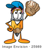 #25989 Clip Art Graphic Of A Yellow Number 2 Pencil With An Eraser Cartoon Character Catching A Baseball With A Glove
