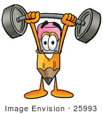 #25993 Clip Art Graphic Of A Yellow Number 2 Pencil With An Eraser Cartoon Character Holding A Heavy Barbell Above His Head