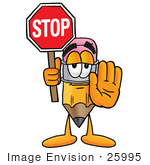 #25995 Clip Art Graphic Of A Yellow Number 2 Pencil With An Eraser Cartoon Character Holding A Stop Sign