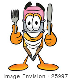 #25997 Clip Art Graphic Of A Yellow Number 2 Pencil With An Eraser Cartoon Character Holding A Knife And Fork