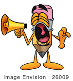 #26009 Clip Art Graphic Of A Yellow Number 2 Pencil With An Eraser Cartoon Character Screaming Into A Megaphone