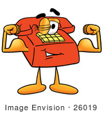 #26019 Clip Art Graphic Of A Red Landline Telephone Cartoon Character Flexing His Arm Muscles