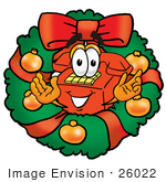 #26022 Clip Art Graphic Of A Red Landline Telephone Cartoon Character In The Center Of A Christmas Wreath