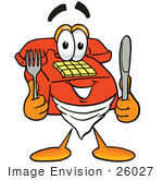 #26027 Clip Art Graphic Of A Red Landline Telephone Cartoon Character Holding A Knife And Fork