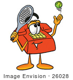 #26028 Clip Art Graphic Of A Red Landline Telephone Cartoon Character Preparing To Hit A Tennis Ball
