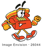 #26044 Clip Art Graphic Of A Red Landline Telephone Cartoon Character Speed Walking Or Jogging