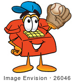 #26046 Clip Art Graphic Of A Red Landline Telephone Cartoon Character Catching A Baseball With A Glove