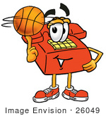 #26049 Clip Art Graphic Of A Red Landline Telephone Cartoon Character Spinning A Basketball On His Finger