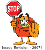#26074 Clip Art Graphic Of A Red Landline Telephone Cartoon Character Holding A Stop Sign