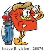 #26076 Clip Art Graphic Of A Red Landline Telephone Cartoon Character Swinging His Golf Club While Golfing