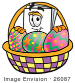 #26087 Clip Art Graphic Of A White Copy And Print Paper Cartoon Character In An Easter Basket Full Of Decorated Easter Eggs
