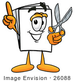 #26088 Clip Art Graphic Of A White Copy And Print Paper Cartoon Character Holding A Pair Of Scissors