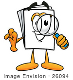 #26094 Clip Art Graphic Of A White Copy And Print Paper Cartoon Character Looking Through A Magnifying Glass