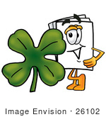 #26102 Clip Art Graphic Of A White Copy And Print Paper Cartoon Character With A Green Four Leaf Clover On St Paddy’S Or St Patricks Day