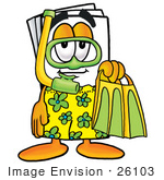 #26103 Clip Art Graphic Of A White Copy And Print Paper Cartoon Character In Green And Yellow Snorkel Gear