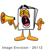#26112 Clip Art Graphic Of A White Copy And Print Paper Cartoon Character Screaming Into A Megaphone