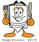 #26115 Clip Art Graphic Of A White Copy And Print Paper Cartoon Character Holding A Knife And Fork