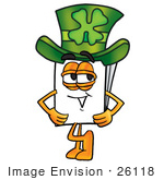 #26118 Clip Art Graphic Of A White Copy And Print Paper Cartoon Character Wearing A Saint Patricks Day Hat With A Clover On It