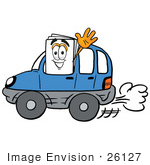 #26127 Clip Art Graphic Of A White Copy And Print Paper Cartoon Character Driving A Blue Car And Waving