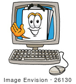 #26130 Clip Art Graphic Of A White Copy And Print Paper Cartoon Character Waving From Inside A Computer Screen