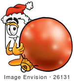 #26131 Clip Art Graphic Of A White Copy And Print Paper Cartoon Character Wearing A Santa Hat Standing With A Christmas Bauble