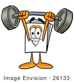 #26133 Clip Art Graphic Of A White Copy And Print Paper Cartoon Character Holding A Heavy Barbell Above His Head