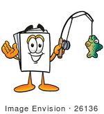 #26136 Clip Art Graphic Of A White Copy And Print Paper Cartoon Character Holding A Fish On A Fishing Pole