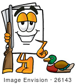 #26143 Clip Art Graphic Of A White Copy And Print Paper Cartoon Character Duck Hunting Standing With A Rifle And Duck
