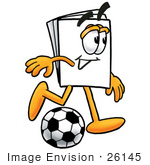#26145 Clip Art Graphic Of A White Copy And Print Paper Cartoon Character Kicking A Soccer Ball