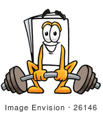 #26146 Clip Art Graphic Of A White Copy And Print Paper Cartoon Character Lifting A Heavy Barbell