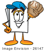 #26147 Clip Art Graphic Of A White Copy And Print Paper Cartoon Character Catching A Baseball With A Glove