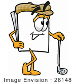 #26148 Clip Art Graphic Of A White Copy And Print Paper Cartoon Character Leaning On A Golf Club While Golfing