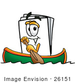 #26151 Clip Art Graphic of a White Copy and Print Paper Cartoon Character Rowing a Boat by toons4biz